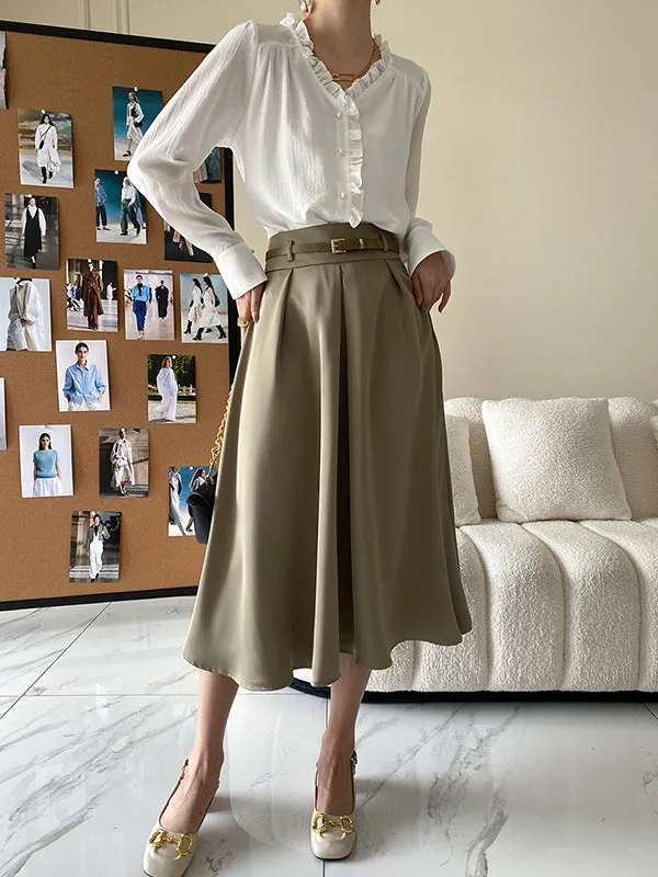 Urban Loose Long Sleeves Falbala Solid Color V-Neck Blouses