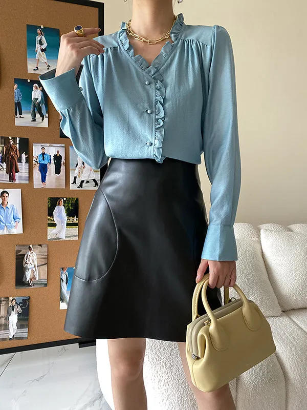 Urban Loose Long Sleeves Falbala Solid Color V-Neck Blouses