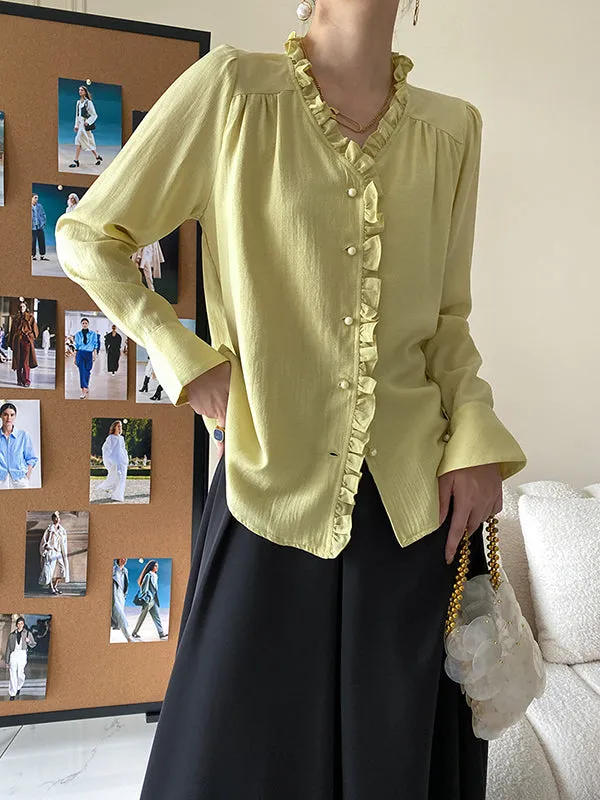 Urban Loose Long Sleeves Falbala Solid Color V-Neck Blouses