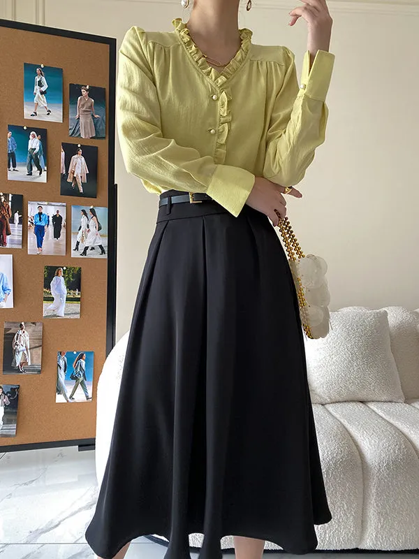 Urban Loose Long Sleeves Falbala Solid Color V-Neck Blouses