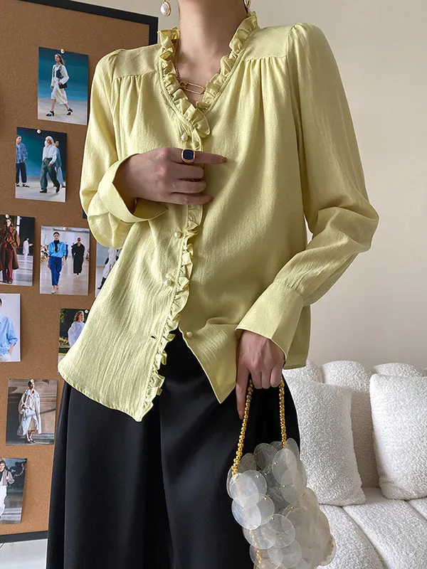 Urban Loose Long Sleeves Falbala Solid Color V-Neck Blouses