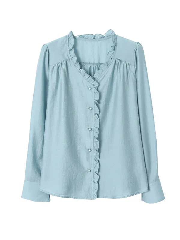 Urban Loose Long Sleeves Falbala Solid Color V-Neck Blouses