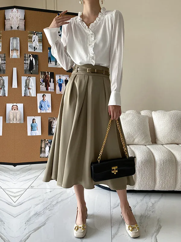 Urban Loose Long Sleeves Falbala Solid Color V-Neck Blouses