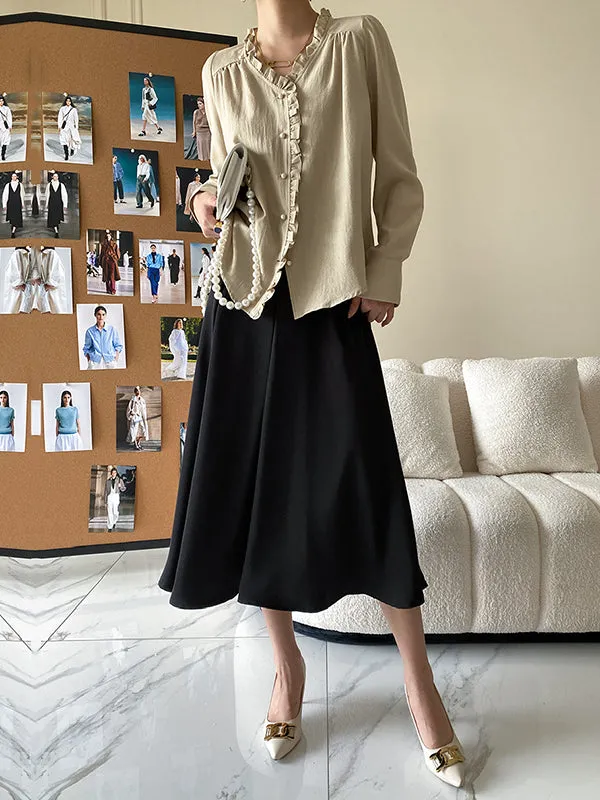 Urban Loose Long Sleeves Falbala Solid Color V-Neck Blouses