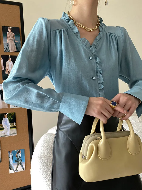 Urban Loose Long Sleeves Falbala Solid Color V-Neck Blouses