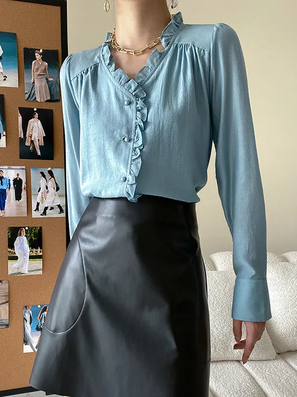 Urban Loose Long Sleeves Falbala Solid Color V-Neck Blouses