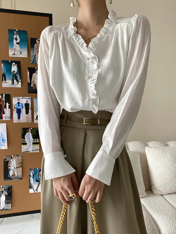 Urban Loose Long Sleeves Falbala Solid Color V-Neck Blouses