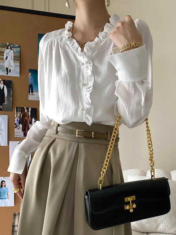 Urban Loose Long Sleeves Falbala Solid Color V-Neck Blouses
