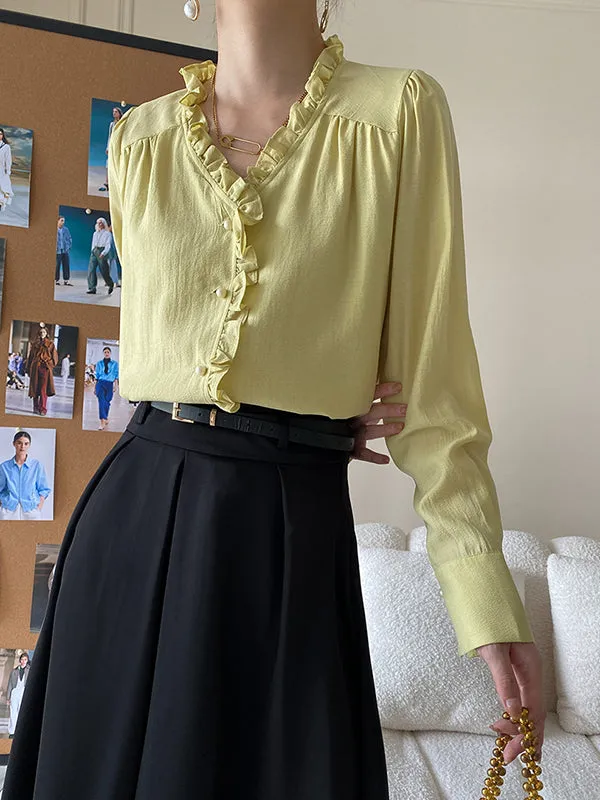 Urban Loose Long Sleeves Falbala Solid Color V-Neck Blouses
