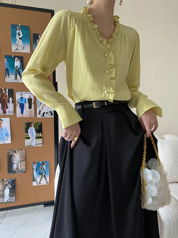 Urban Loose Long Sleeves Falbala Solid Color V-Neck Blouses