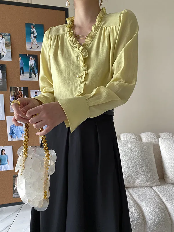 Urban Loose Long Sleeves Falbala Solid Color V-Neck Blouses