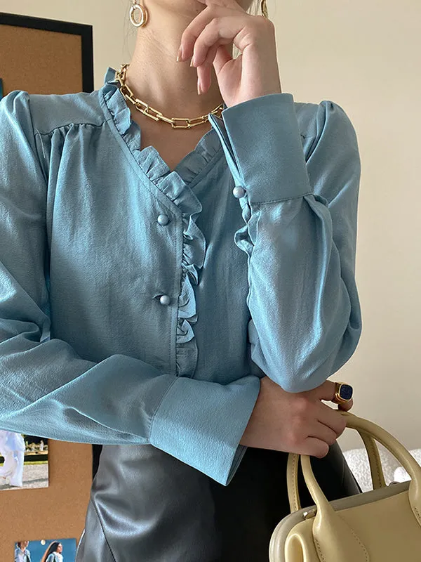 Urban Loose Long Sleeves Falbala Solid Color V-Neck Blouses