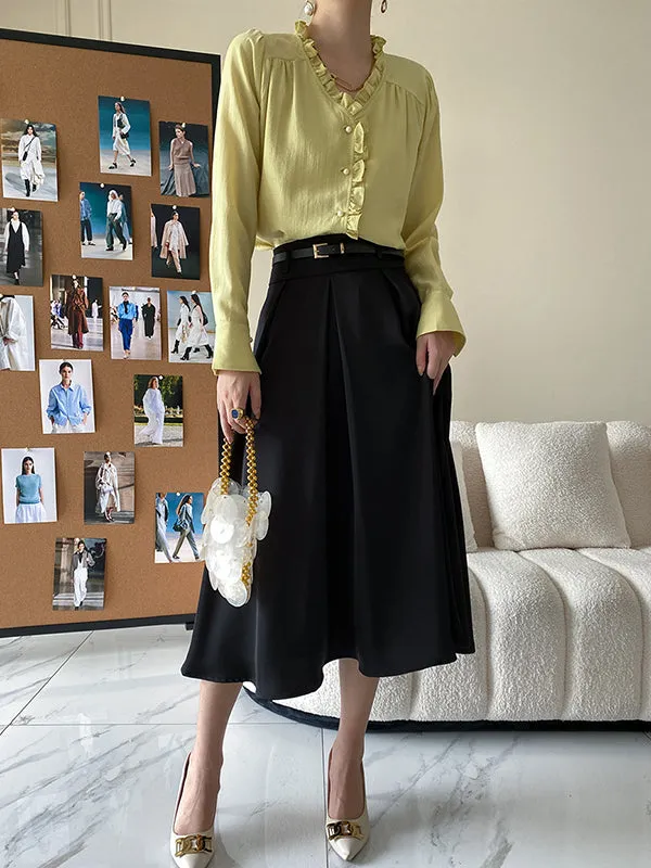 Urban Loose Long Sleeves Falbala Solid Color V-Neck Blouses