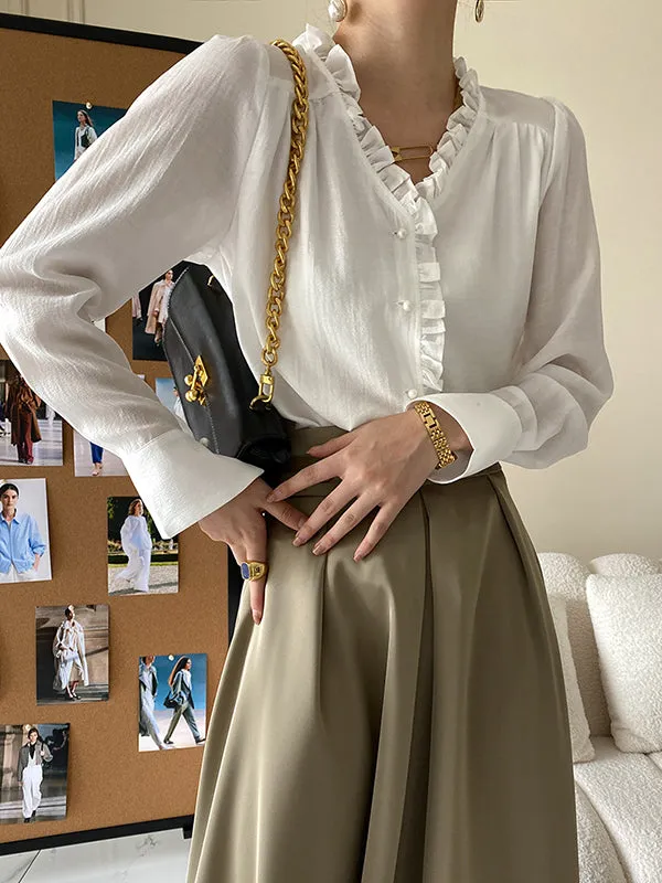 Urban Loose Long Sleeves Falbala Solid Color V-Neck Blouses