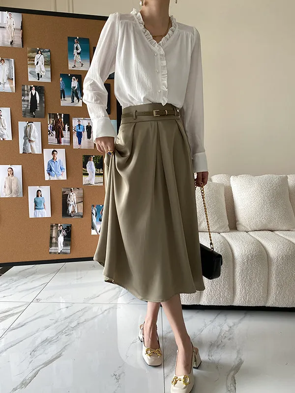 Urban Loose Long Sleeves Falbala Solid Color V-Neck Blouses