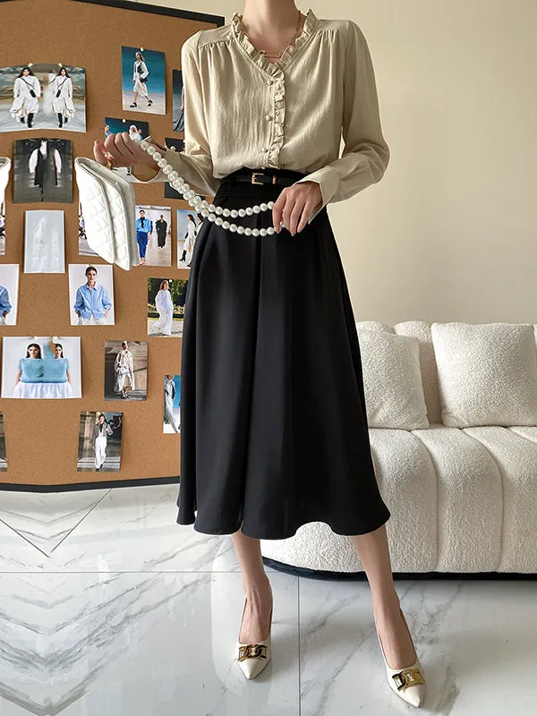 Urban Loose Long Sleeves Falbala Solid Color V-Neck Blouses