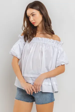 WHITE SHIRRING OFF SHOULDER BALLOON SLEEVES WOVEN TOP CFTU13604SA