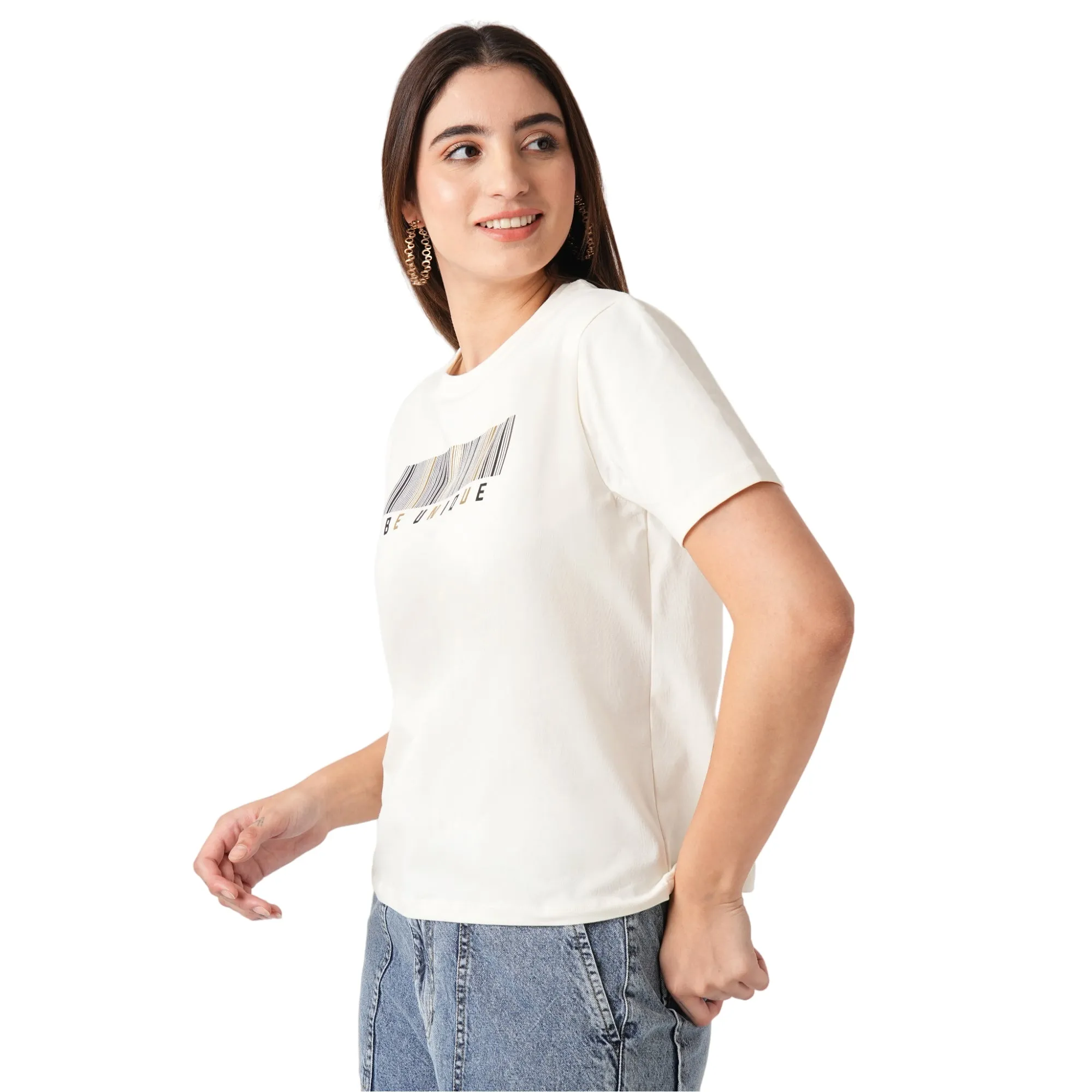 Women Slim Fit Ivory Boxy Chest Print T-Shirt