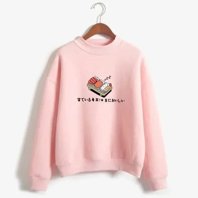 Women’s cartoon kawaii sushi hoodies japanese print fleece pullover