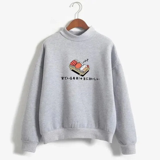 Women’s cartoon kawaii sushi hoodies japanese print fleece pullover