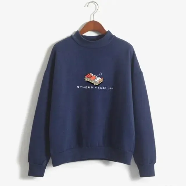 Women’s cartoon kawaii sushi hoodies japanese print fleece pullover
