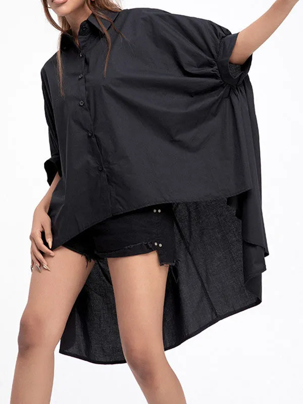 xakxx Batwing Sleeves High-Low Solid Color Lapel Blouses&Shirts Tops