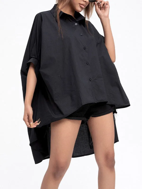 xakxx Batwing Sleeves High-Low Solid Color Lapel Blouses&Shirts Tops