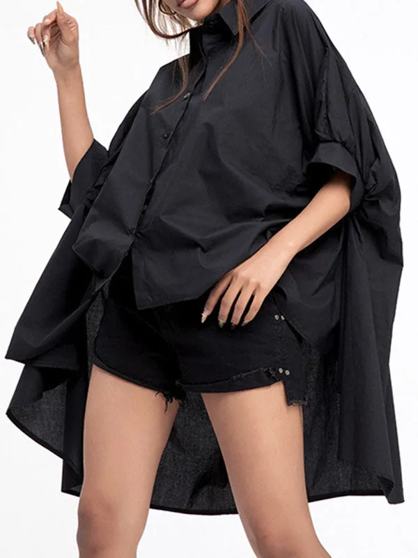 xakxx Batwing Sleeves High-Low Solid Color Lapel Blouses&Shirts Tops