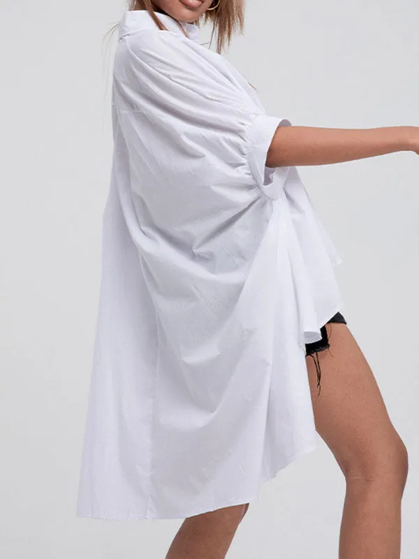 xakxx Batwing Sleeves High-Low Solid Color Lapel Blouses&Shirts Tops