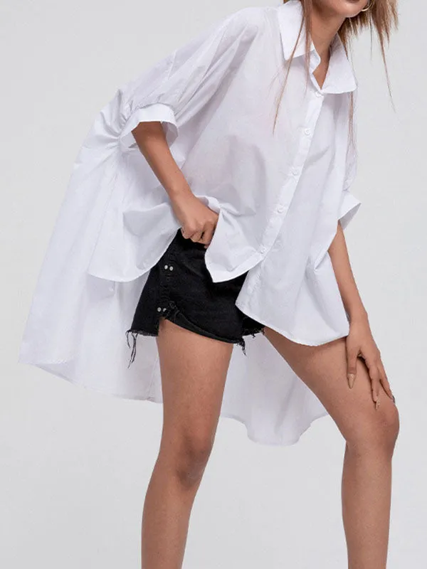 xakxx Batwing Sleeves High-Low Solid Color Lapel Blouses&Shirts Tops