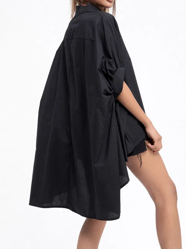 xakxx Batwing Sleeves High-Low Solid Color Lapel Blouses&Shirts Tops
