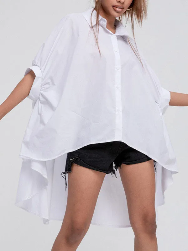 xakxx Batwing Sleeves High-Low Solid Color Lapel Blouses&Shirts Tops