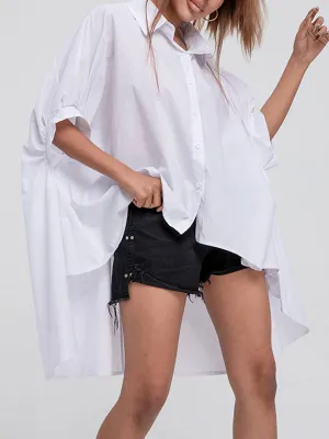 xakxx Batwing Sleeves High-Low Solid Color Lapel Blouses&Shirts Tops
