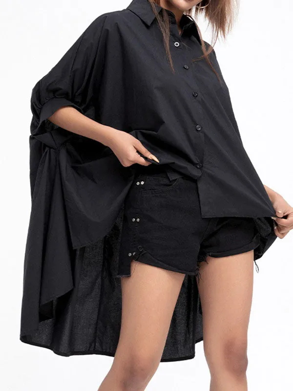 xakxx Batwing Sleeves High-Low Solid Color Lapel Blouses&Shirts Tops
