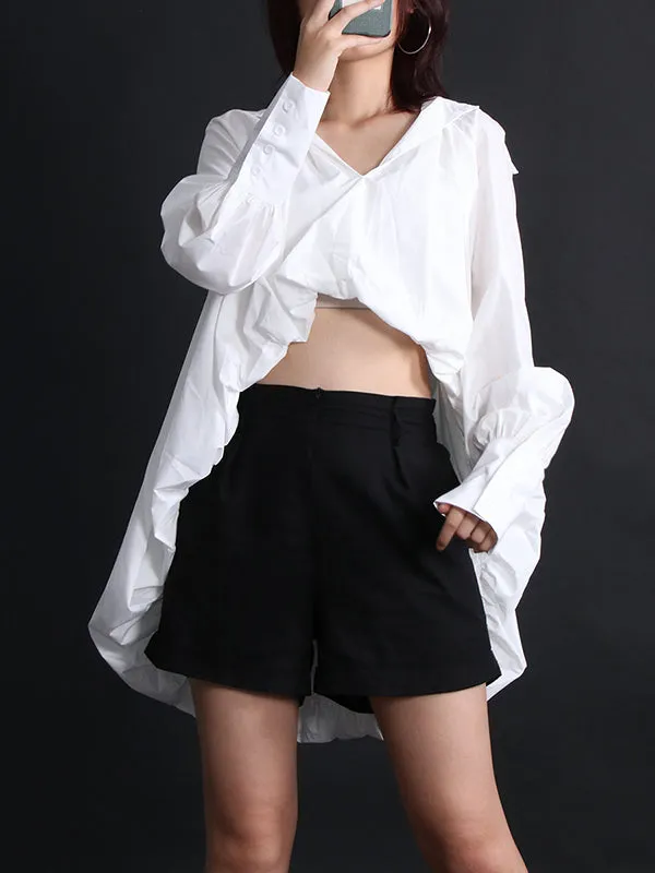 xakxx High-Low Puff Sleeves Solid Color V-Neck Blouses&Shirts Tops