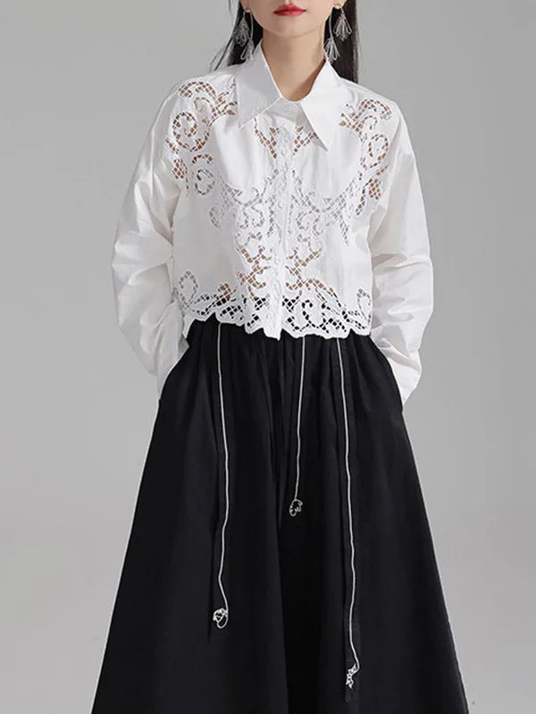 xakxx Long Sleeves Loose Buttoned Hollow Solid Color Lapel Blouses&Shirts Tops