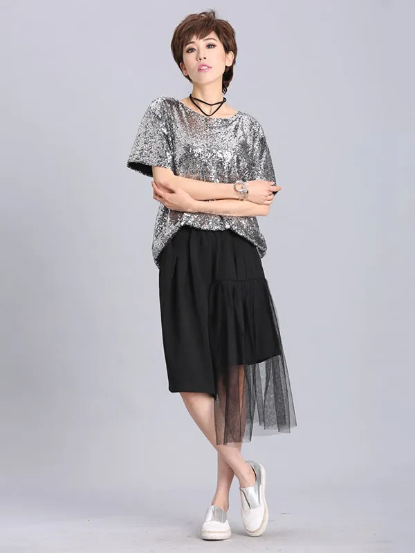 xakxx Stylish Round-Neck Sequinned T-Shirt Top