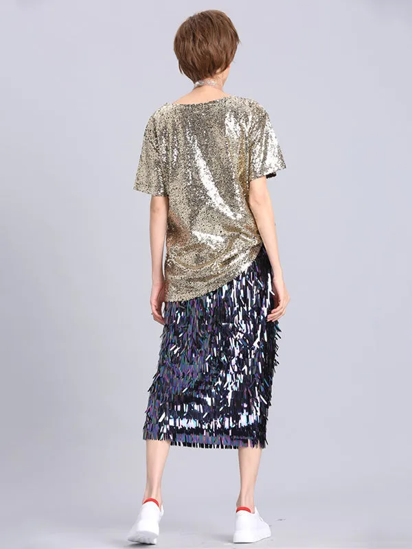 xakxx Stylish Round-Neck Sequinned T-Shirt Top