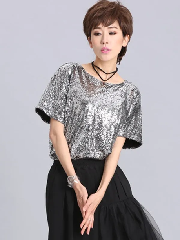 xakxx Stylish Round-Neck Sequinned T-Shirt Top