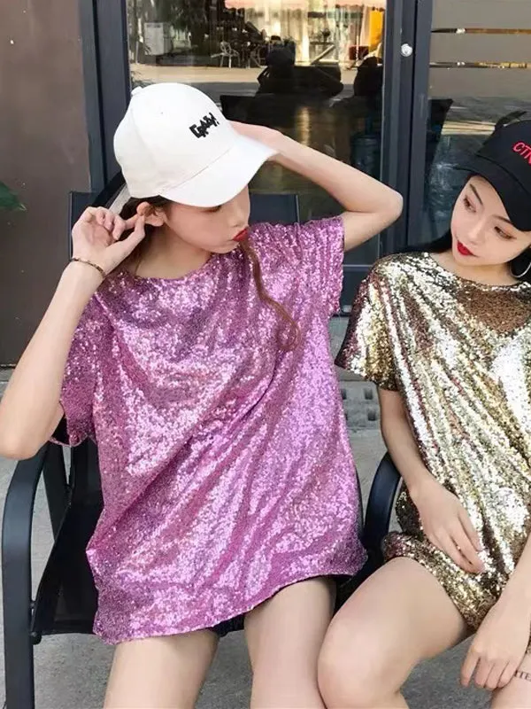 xakxx Stylish Round-Neck Sequinned T-Shirt Top