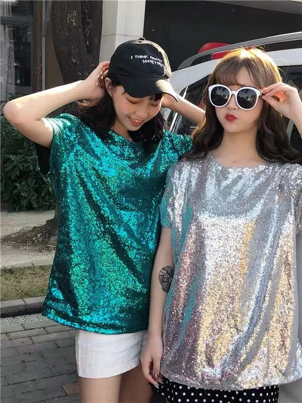 xakxx Stylish Round-Neck Sequinned T-Shirt Top