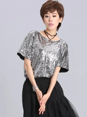 xakxx Stylish Round-Neck Sequinned T-Shirt Top