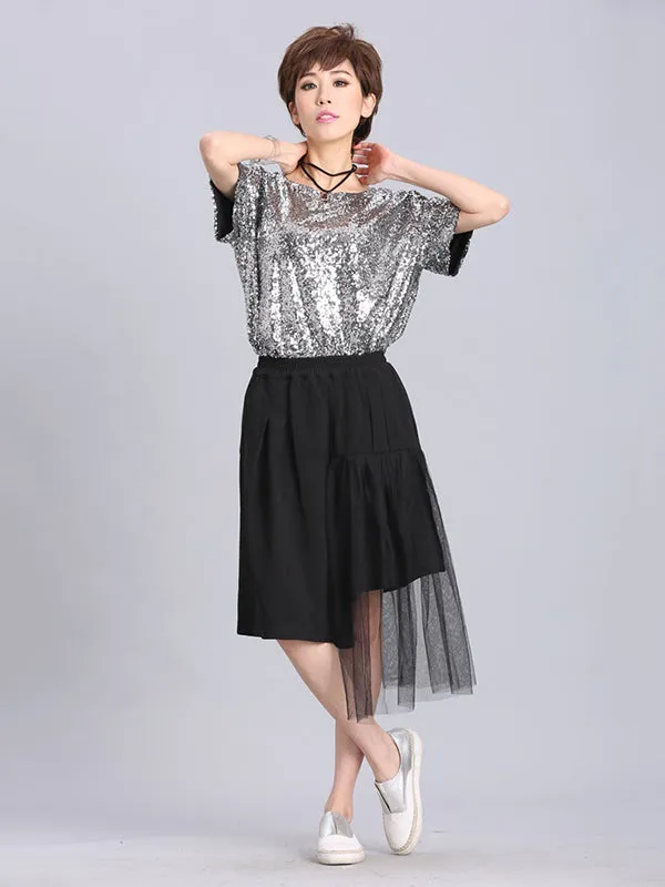 xakxx Stylish Round-Neck Sequinned T-Shirt Top