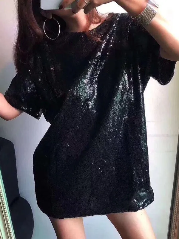 xakxx Stylish Round-Neck Sequinned T-Shirt Top