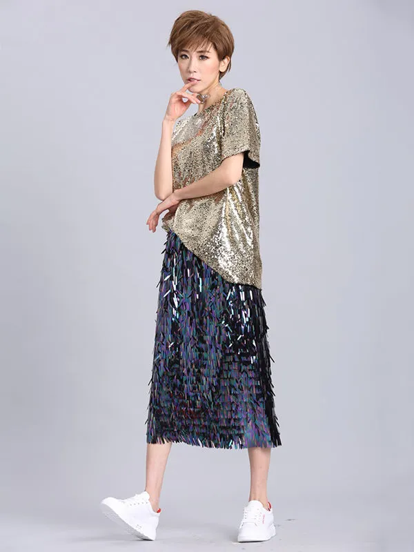 xakxx Stylish Round-Neck Sequinned T-Shirt Top
