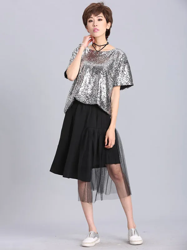 xakxx Stylish Round-Neck Sequinned T-Shirt Top