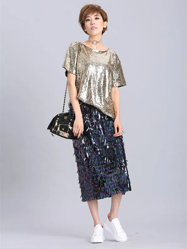 xakxx Stylish Round-Neck Sequinned T-Shirt Top