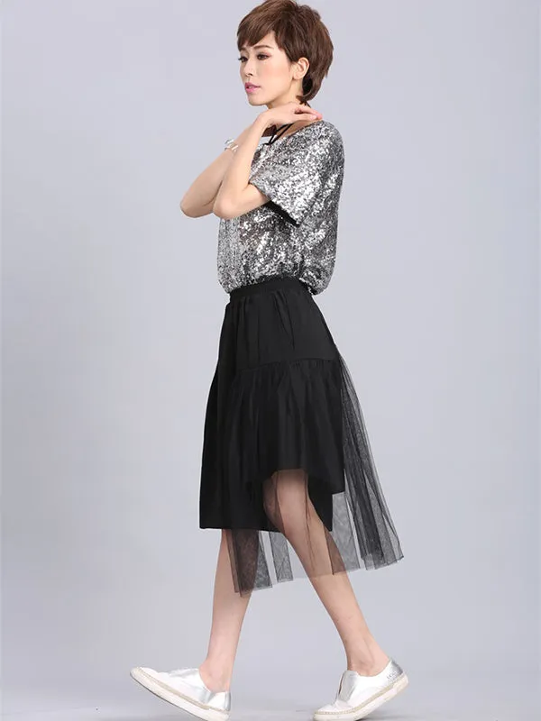 xakxx Stylish Round-Neck Sequinned T-Shirt Top