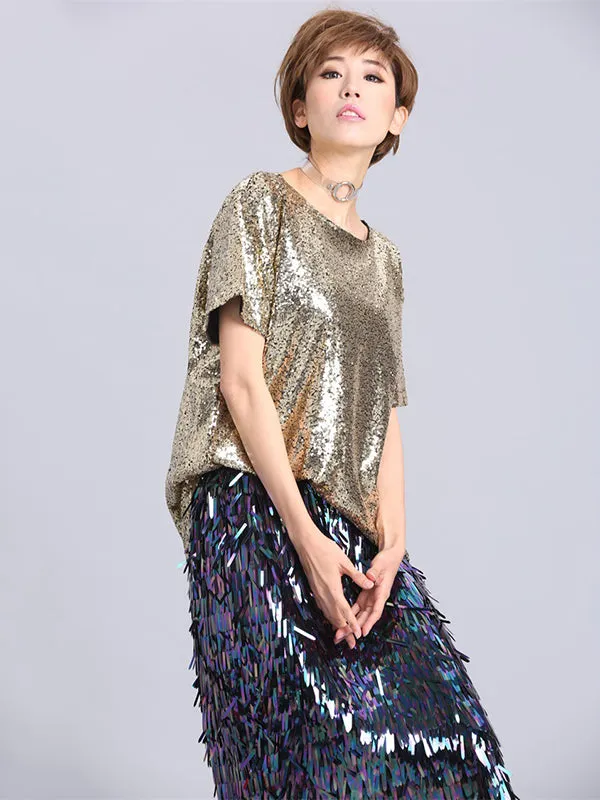 xakxx Stylish Round-Neck Sequinned T-Shirt Top