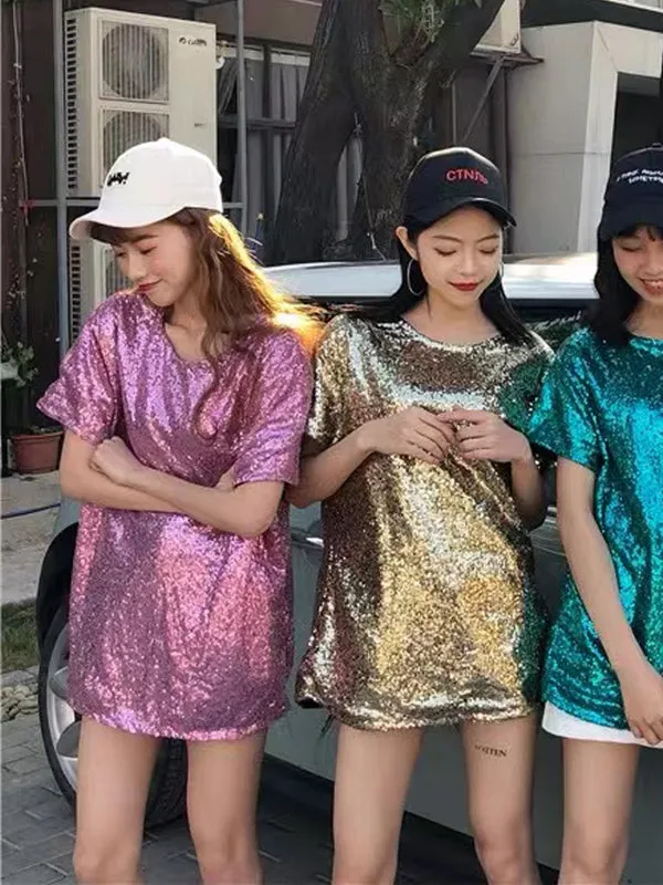 xakxx Stylish Round-Neck Sequinned T-Shirt Top